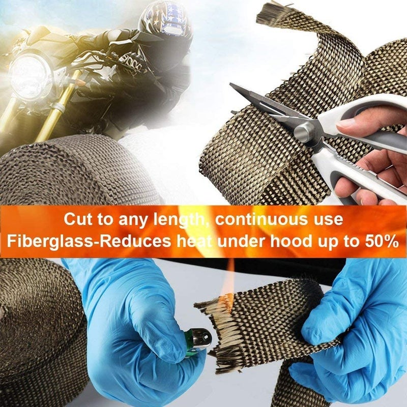 PACEWALKER Titanium Exhaust Wrap 1" x 16' Roll for Motorcycle Fiberglass Heat Shield Tape with Stainless Ties - Image 5